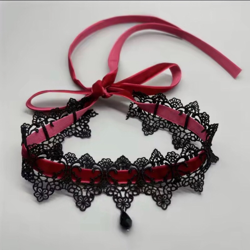 Black Lace Choker with Deep Pink Ribbon and Teardrop Charm